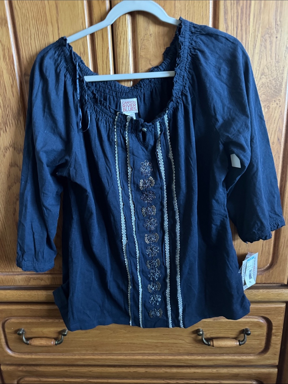 Canyon River Blues Navy Embroidered Tie-Neck Peasant Blouse